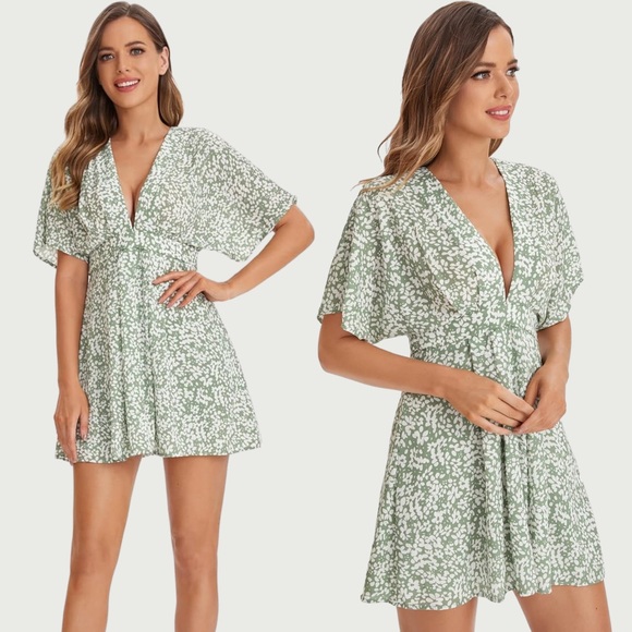 Green & White Floral Mini Dress – Size S - Picture 3 of 13